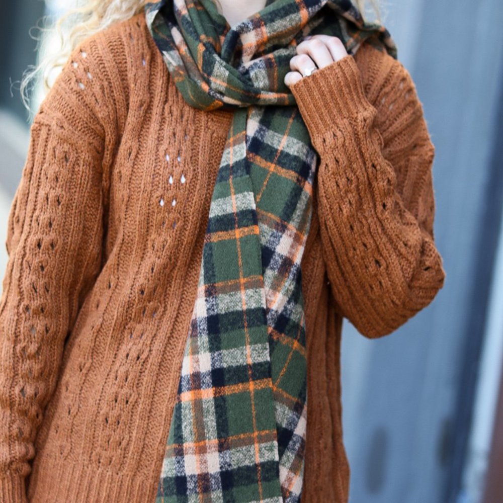 Army Green Taupe & Orange Plaid Frayed Scarf